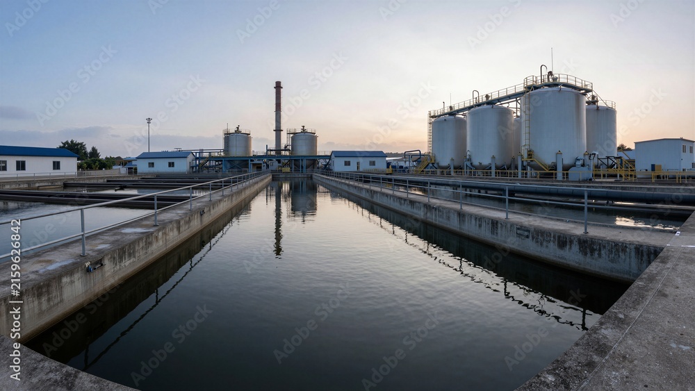 Fototapeta premium Modern wastewater treatment facility with large tanks and concrete channels reflecting twilight sky.