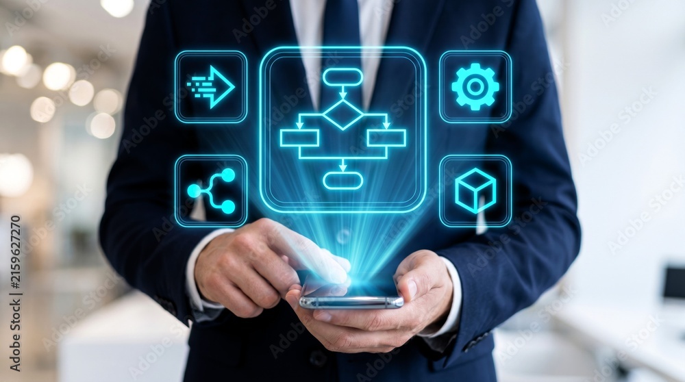 Obraz premium Professional businessman uses a smartphone displaying glowing neon blue workflow diagrams with technical icons in a sharp studio lit environment