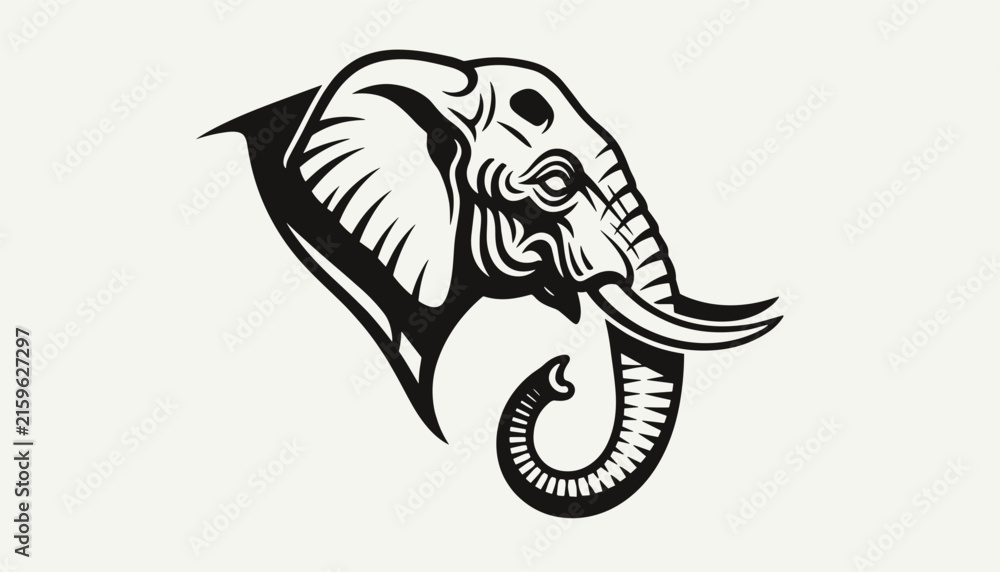 Fototapeta premium Black and white graphic illustration of an majestic elephant head with curved tusks in silhouette style.