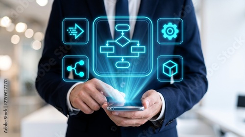 Professional businessman uses a smartphone displaying glowing neon blue workflow diagrams with technical icons in a sharp studio lit environment
