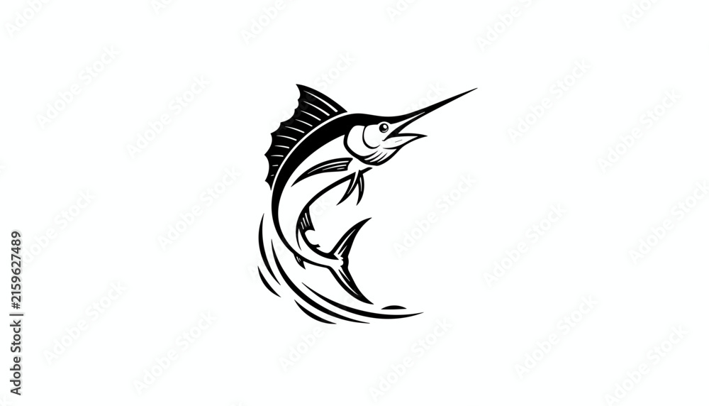 Fototapeta premium Dynamic black and white graphic illustration of a majestic marlin fish jumping out of ocean waves.