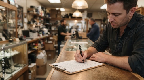 Merchant meticulously documenting a transaction on a clipboard within the rustic cluttered interior of a traditional local pawnshop