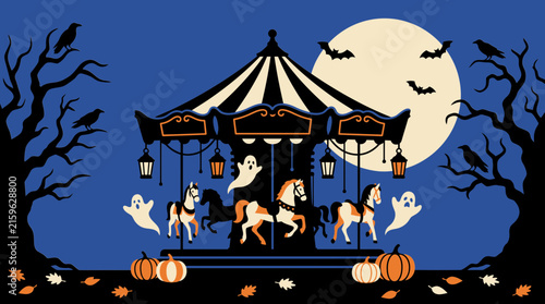 A spooky halloween carousel scene with ghosts ravens pumpkins and a full moon in a dark mystical setting