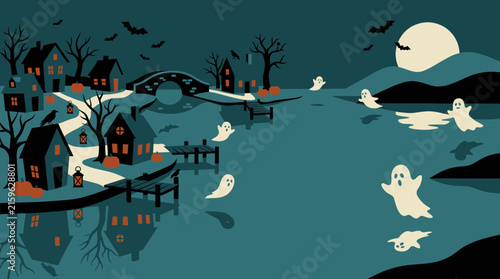 A spooky halloween night scene depicts a haunted village with ghosts bats and a glowing full moon in the dark