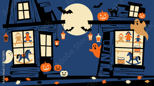 A spooky halloween night scene with a haunted house ghosts pumpkins bats and a full moon's glow