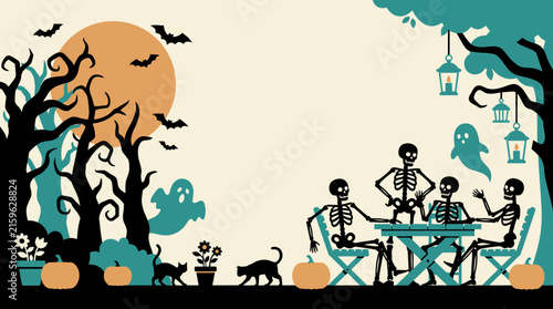 A spooky halloween gathering skeletons enjoying a festive meal under the eerie moonlight with ghosts and bats
