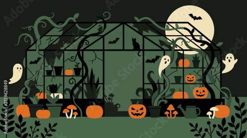 A spooky halloween greenhouse scene filled with ghosts pumpkins bats and a black cat under the moonlight