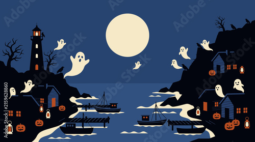 A spooky halloween night scene featuring a coastal town ghosts a lighthouse and a full moon in the dark sky