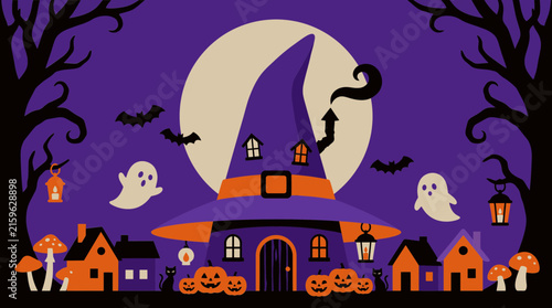 A spooky halloween night scene featuring a witch's house ghosts bats and jack o' lanterns under a full moon