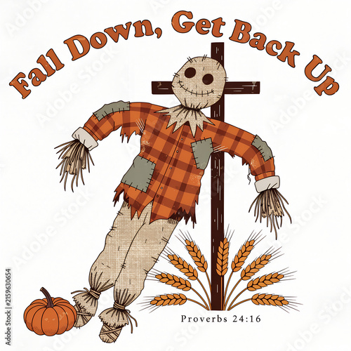 Obraz na płótnie Scarecrow with Fall Down Get Back Up Text and Pumpkin