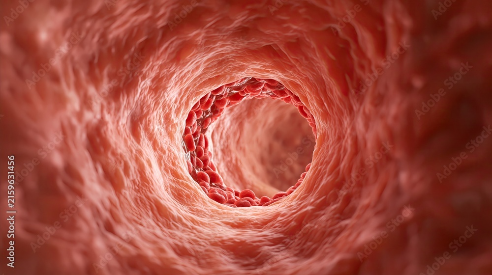 Fototapeta premium Horizontal inner‑blood‑vessel 3D medical render, red‑blood‑cells flowing inside lumen, human‑blood‑vessel micro‑anatomy, biomedical‑science commercial template graphic