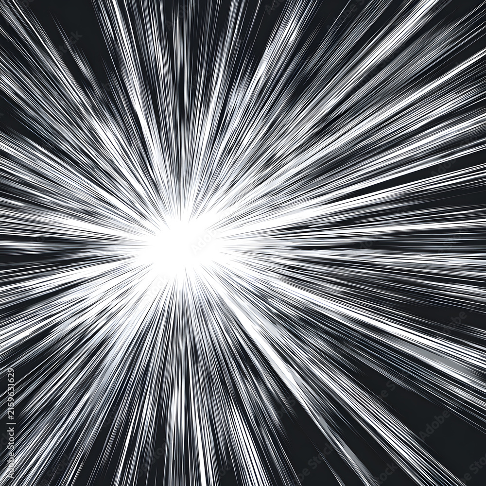 Obraz premium Abstract Fractal Burst Tunnel with Radiating Light Rays, Black and White Space Texture, Dynamic Motion, Energy, Explosion and Digital 3D Pattern Background