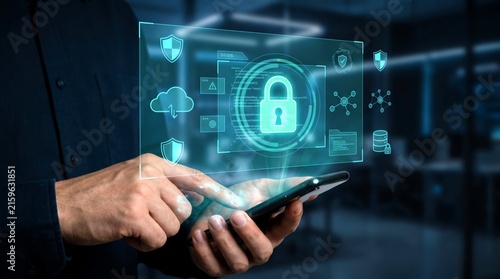 Digital padlock icon floats above smartphone screen displaying advanced cybersecurity protection protocols for secure personal information in modern professional office settings