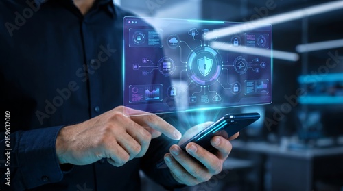 Professional man interacts with a glowing blue digital holographic interface displaying complex cybersecurity shield icons and data encryption network connectivity
