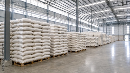 Bulk Rice Commodity Storage in Modern Warehouse with White Sacks on Pallets