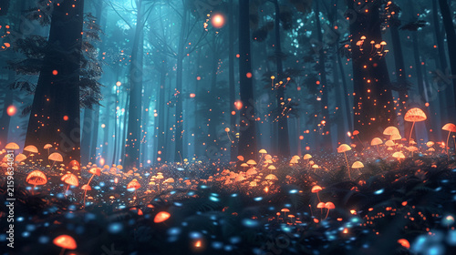 Enchanted magical forest at night with glowing mushrooms and sparkling fireflies mushroom mystical luminescent wildlife wilderness landscape