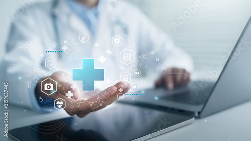Doctor holding health data, medical information, and healthcare digital interface. cloud health records and patient analysis innovation with AI technology on network electronic folder document.