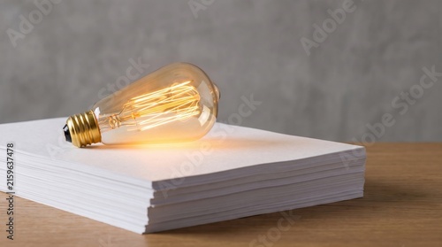 Vintage Edison Light Bulb on Stack of Blank White Papers for Creative Context