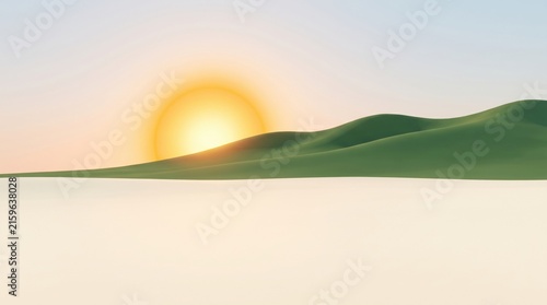 Serene Sunrise Over Green Hills and Light Sand Landscape in Tranquil Morning Sky