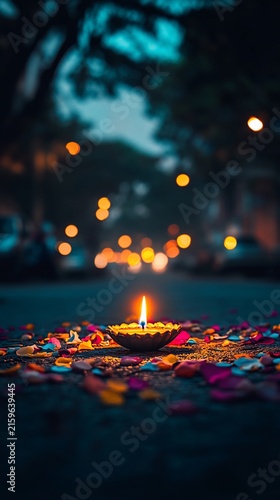Lit candle amidst colorful petals on pavement, bokeh lights glow in the dusky background