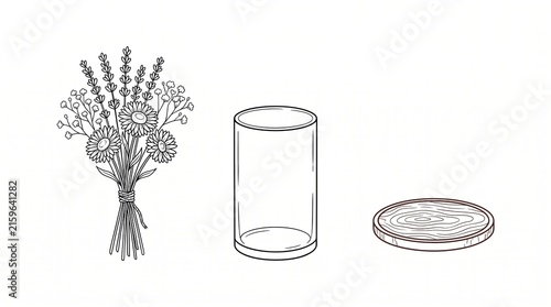 Floral Arrangement with Jar and Wooden Base in Minimalist Style Illustration