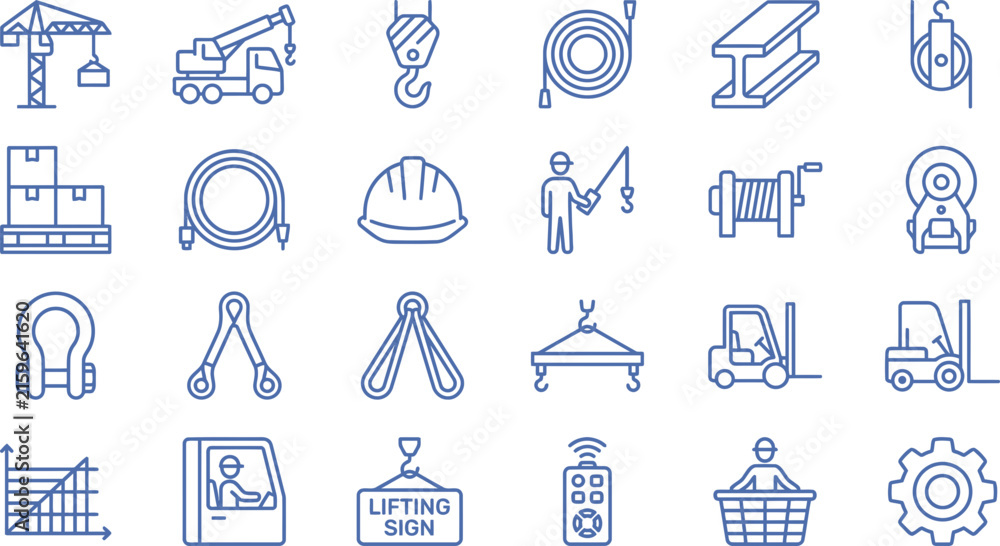 Fototapeta premium Detailed construction site lifting equipment icons collection featuring blue line art vector graphic design style elements