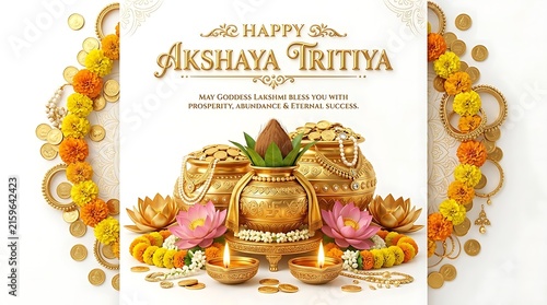 Happy Akshaya Tritiya festival greeting card with golden pots and marigold flowers