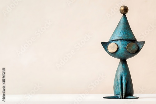 Whimsical blue cat sculpture with pointed hat