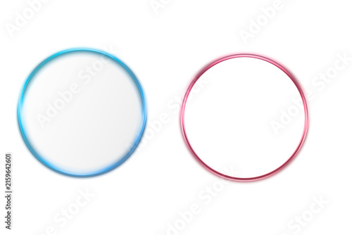 Abstract modern transparent floating with clear glass circles frame with neon blue and pink iridescent light effects, and clean minimal aesthetics for interface design, presentations background. Blank