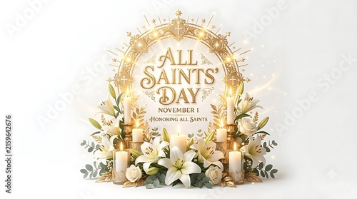 All Saints Day golden frame with white lilies and glowing candles for religious holiday