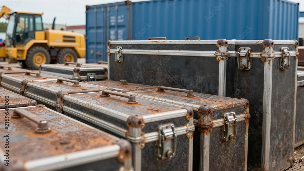 Fototapeta premium Abandoned metal cases with rusted surfaces sit stacked near heavy machinery and shipping containers at an industrial site.