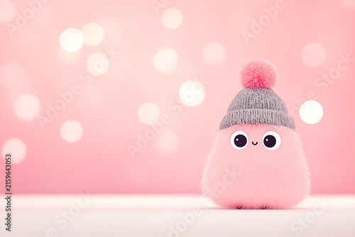 Adorable pink stuffed toy with winter hat