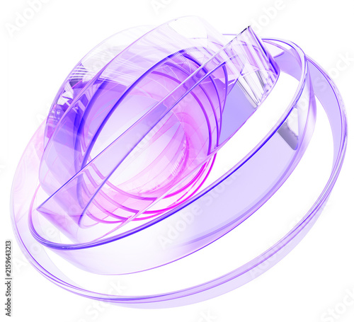 Abstract 3D core structure with glow magenta center, concentric circles, layered transparent glass rings. Complex form with purple pink holographic gradient on light violet background