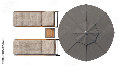 Top view of patio lounge chairs with umbrella and side table