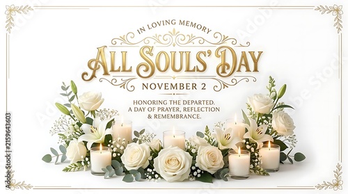 All Souls Day memorial poster with white roses and candles for remembrance and mourning