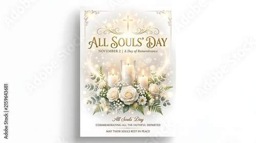 All Souls Day memorial poster with candles and white flowers for religious remembrance.