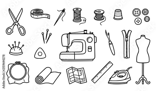 Obraz na plátne Sewing and dressmaking tools doodle collection for fashion and textile design