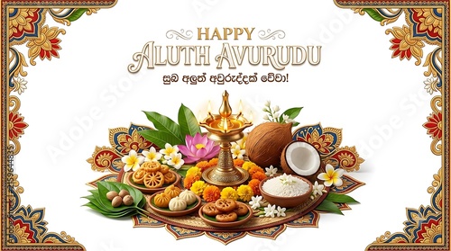 Aluth Avurudu festive greeting card with traditional oil lamp and Sri Lankan food offerings
