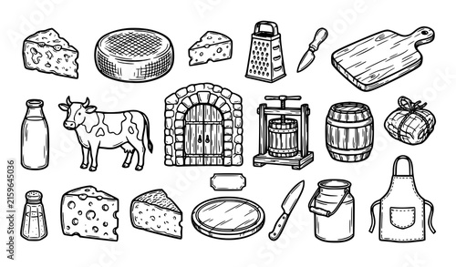 Foto Hard cheese cheesemaking and dairy food hand drawn doodle vector set