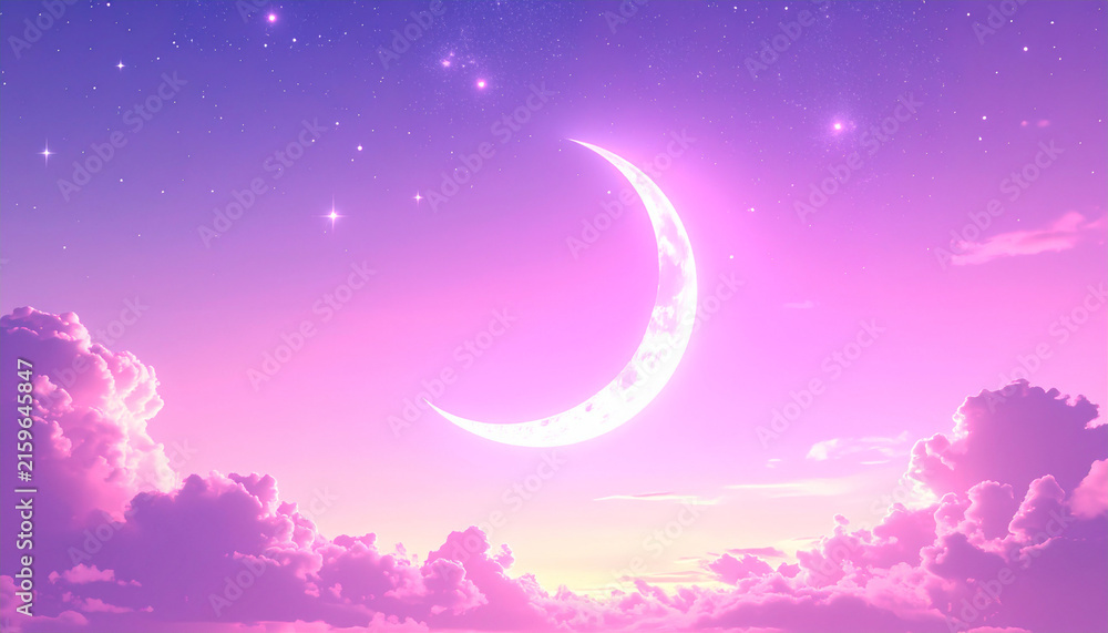 Fototapeta premium 夢かわいいピンクとラベンダーの幻想的な夜空と輝く三日月