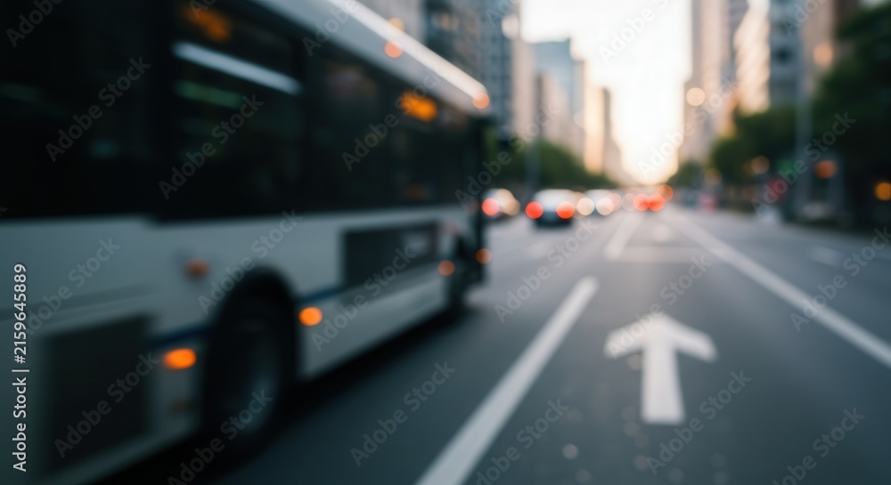 Fototapeta premium Blurred motion of a bus and traffic on a city street at sunset