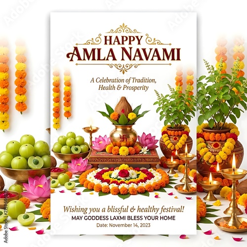 Happy Amla Navami festival greeting card with traditional Indian ritual offerings and decor