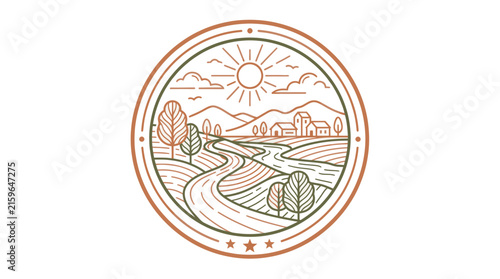Elegant Minimalist Rustic Landscape Seal with Winding Path Trees Barns and Sunny Sky in Earthy Brown and Green Tones