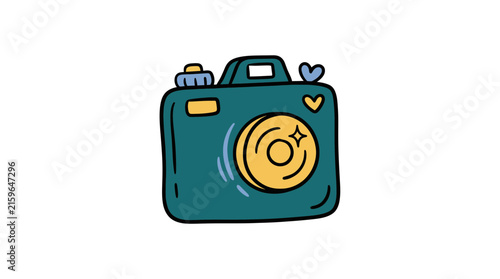 Elegant of a Teal Camera with a Bright Yellow Viewfinder and Playful Heart Shaped Flash Icon with high quality professional line art symbols for modern creative design and digital branding projects