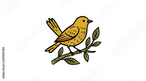 Industrial Style of a Brown Bird Perched on a Green Branch with Leaves with high quality professional line art symbols for modern creative design and digital branding projects