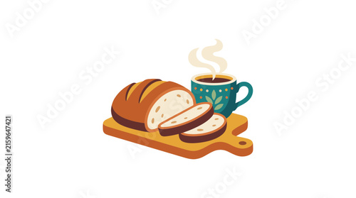 Industrial Style of Sliced Bread Loaf with Coffee Mug Emitting Steam on Wooden Board with high quality professional line art symbols for modern creative design and digital branding projects