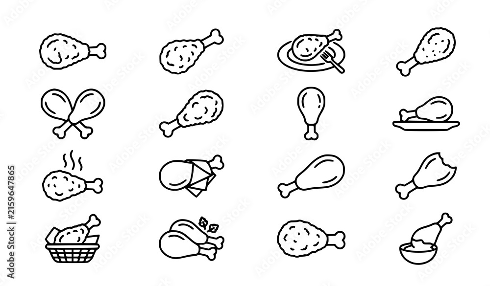 Fototapeta premium Fried Chicken Drumstick Line Art Icon Collection, Crispy Fast Food Vector Set