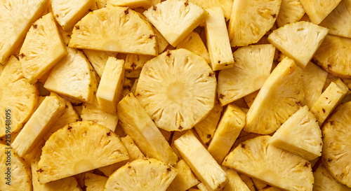 Flat lay top view background of fresh juicy sliced pineapple pieces filling the frame