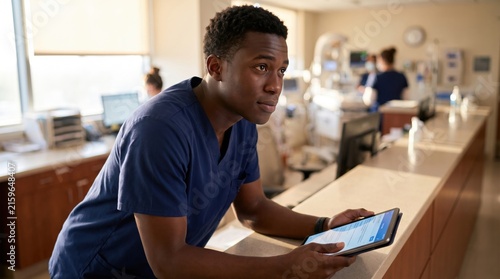 Attentive Black male nurse holds a tablet at a busy hospital station while coordinating care updates, capturing thoughtful decision-making, mobile documentation, and a contemporary clinical workplace