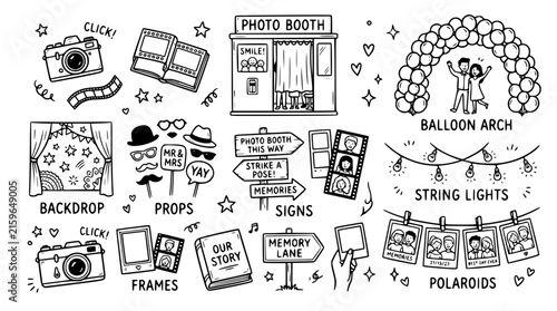 Hand drawn modern photo booth memory making icons backdrop prop sign frame polaroid string light balloon arch, black ink sketch vector illustration
